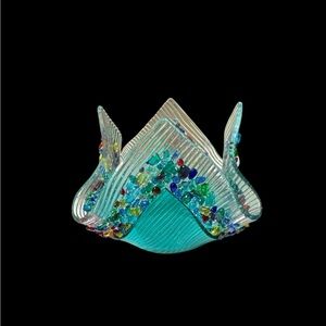 Teal Fused Confetti Art Glass Hankerchief Votive or Trinket Dish. (G 8 11025)